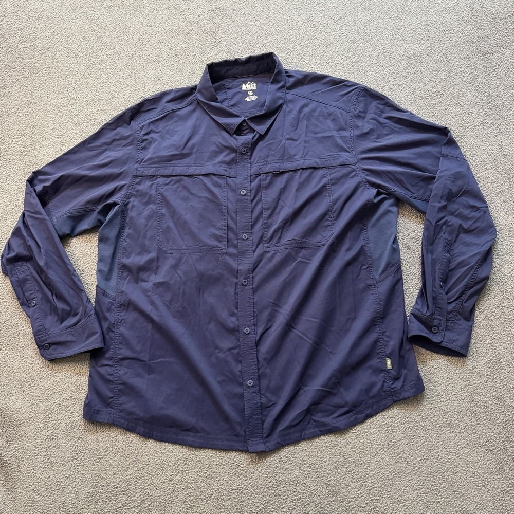 REI Co-op Navy Blue Long Sleeve Button Up Shirt Men's XXL Hiking Outdoor Vented